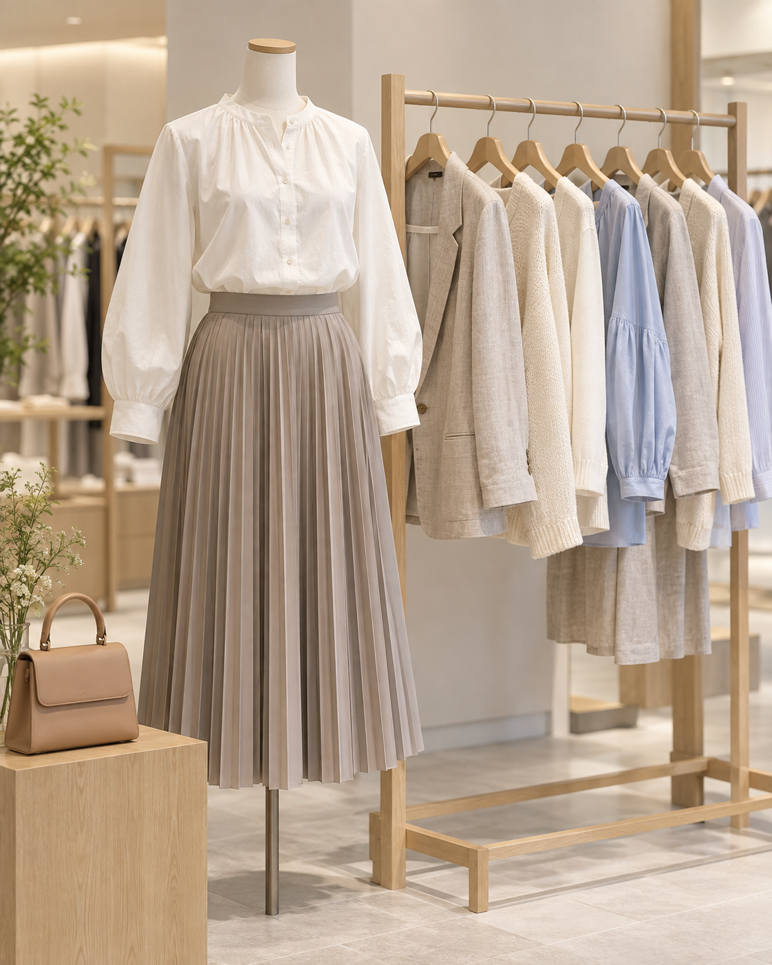 日本の百貨店をイメージしたブラウスやスカート、バッグのディスプレイ