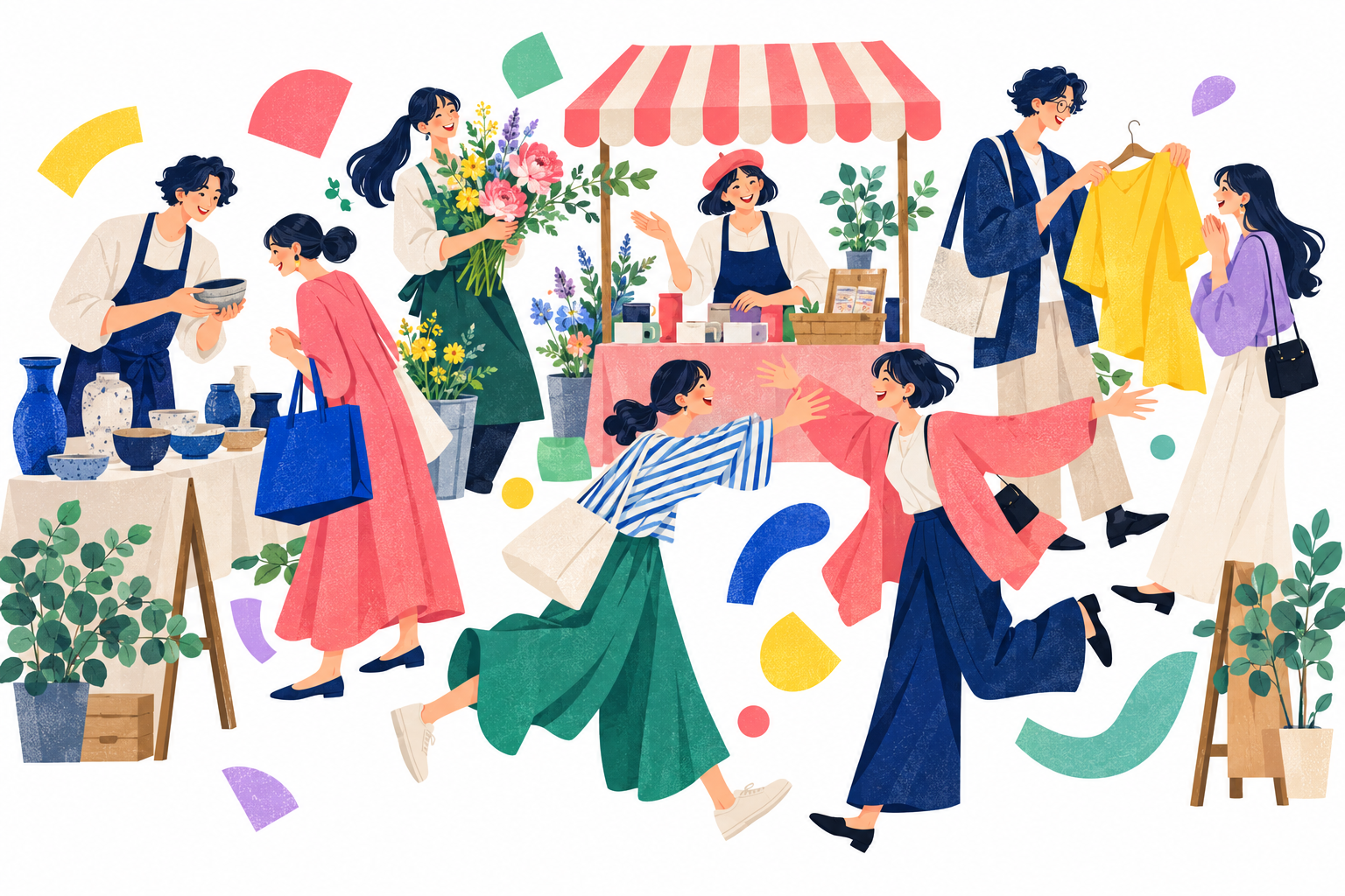 ポップアップの屋台で、陶器や花、洋服の作り手とお客さんが出会うカラフルなイラスト